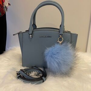 MK Ellis small light Blue Handbag/crossbody Satchel + NEW POMPOM KEY CHAIN !!